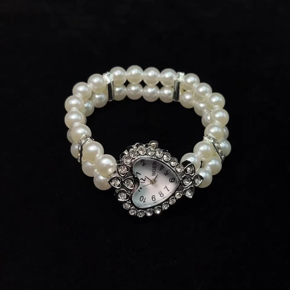 Pearl Heart Watch Bracelet Crystal Coquette Vintage Inspired